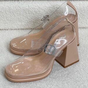 •CAPE ROBBIN• “Lillian” Clear Mary Jane Block Platform Heels - Beige // NIB